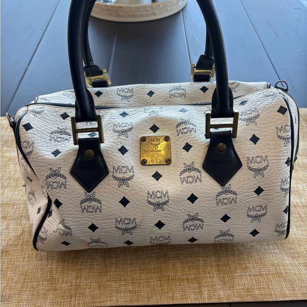 MCM White and Navy Vintage Boston